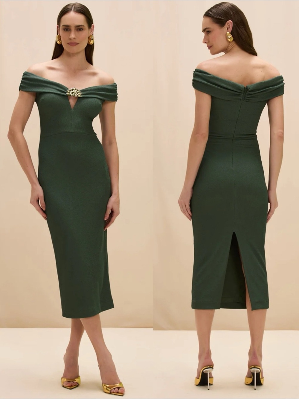 NEW NWT PatBO Hilda Knit Off The Shoulder Midi Dress In Dark Green